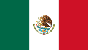 Bandera de México: Tres franjas verticales, verde, blanco con el escudo nacional y rojo.