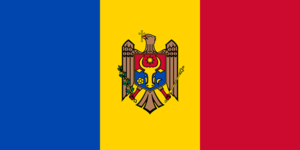 Bandera de Moldavia: Tres franjas verticales, azul, amarillo con el escudo de armas y rojo.