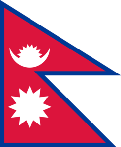 Bandera de Nepal: Dos triángulos rojos superpuestos con bordes azules y símbolos del sol y la luna.