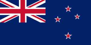 Bandera de Nueva Zelanda: Azul con la Union Jack en la esquina superior izquierda y cuatro estrellas rojas con bordes blancos formando el Cruce del Sur.