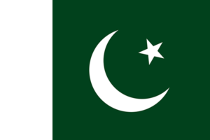 Bandera de Pakistán: Verde con una franja blanca vertical en el lado izquierdo y una media luna y estrella blancas.