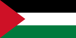 Bandera de Palestina: Tres franjas horizontales de negro, blanco y verde con un triángulo rojo en el lado izquierdo.