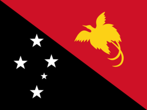 Bandera de Papúa Nueva Guinea: Roja y negra dividida diagonalmente con una Raggiana Bird-of-Paradise y la Cruz del Sur.