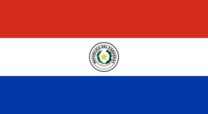 Bandera de Paraguay: Tres franjas horizontales, roja, blanca con el escudo nacional y azul.