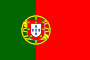 Bandera de Portugal: Dos franjas verticales, verde en el lado izquierdo y roja en el derecho, con el escudo de armas nacional.