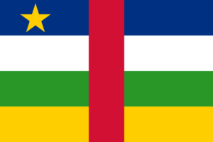 Bandera de la República Centroafricana: Cuatro franjas horizontales de azul, blanco, verde y amarillo, con una franja vertical roja y una estrella amarilla en la esquina superior izquierda.