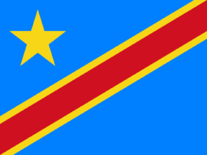 Bandera de la República Democrática del Congo: Azul con una estrella amarilla en la esquina superior izquierda y una franja diagonal roja bordeada de amarillo.