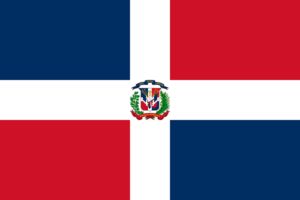 Bandera de la República Dominicana: Un cruz blanca que divide cuatro rectángulos, azul y rojo alternados, con el escudo en el centro.