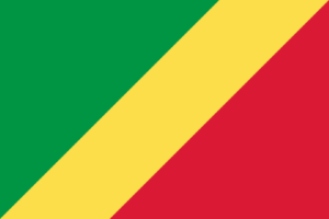"Bandera de la República del Congo: Diagonal amarilla que divide el campo en dos triángulos, el superior es verde y el inferior es rojo.