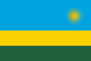 Bandera de Ruanda: Tres franjas horizontales de azul, amarillo y verde, con un sol amarillo en la esquina superior derecha.
