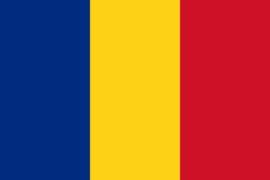 Bandera de Rumania: Tres franjas verticales, azul en la izquierda, amarilla en el medio y roja en la derecha.