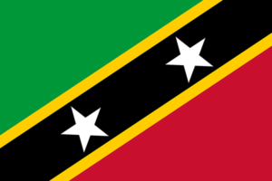 Bandera de San Cristóbal y Nieves: Verde con franjas diagonales amarillas, negras y blancas y dos estrellas blancas.