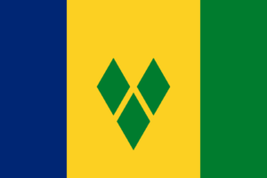 Bandera de San Vicente y las Granadinas: Tres franjas verticales, azul, amarillo y verde, con diamantes verdes en la franja amarilla.