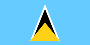 Bandera de Santa Lucía: Azul con un triángulo isósceles negro con bordes blancos y un triángulo amarillo.