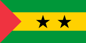 Bandera de Santo Tomé y Príncipe: Tres franjas horizontales de verde, amarillo y verde, con dos triángulos rojos y una estrella negra.