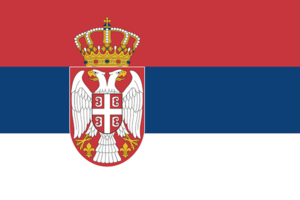 Bandera de Serbia: Tres franjas horizontales, roja en la parte superior, azul en el medio y blanca en la parte inferior, con el escudo de armas nacional.