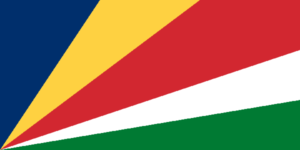 Bandera de Seychelles: Cinco bandas oblicuas que se extienden desde el lado inferior izquierdo, en los colores azul, amarillo, rojo, blanco y verde.
