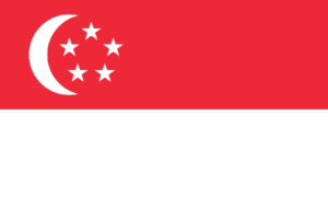 Bandera de Singapur: Dos franjas horizontales, roja en la parte superior con una media luna y cinco estrellas blancas, y blanca en la parte inferior.