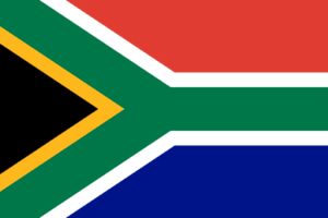 Bandera de Sudáfrica: Diseño en Y verde con franjas roja y azul, y bandas negras y blancas a los lados.