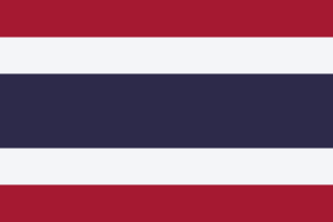 Bandera de Tailandia: Cinco franjas horizontales, roja, blanca, azul (más ancha), blanca y roja.