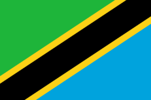 Bandera de Tanzania: Franjas diagonales verde y azul separadas por una franja negra con bordes amarillos.