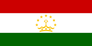 Bandera de Tayikistán: Tres franjas horizontales, roja, blanca y verde, con una corona y siete estrellas en el centro.