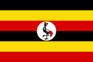 Bandera de Uganda: Seis franjas horizontales alternadas de negro, amarillo y rojo, con un círculo blanco y un grulla coronada en el centro.