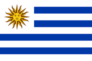 Bandera de Uruguay: Nueve franjas horizontales alternadas en blanco y azul, con un sol amarillo en el cuadrante superior izquierdo.