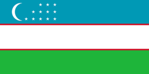 Bandera de Uzbekistán: Tres franjas horizontales, azul, blanco con franjas verdes delgadas, y verde, con una media luna y doce estrellas.