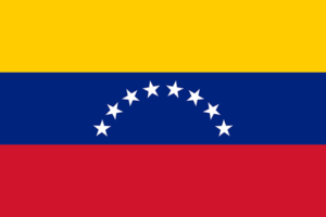 Bandera de Venezuela: Tres franjas horizontales, amarilla, azul con estrellas y roja, con el escudo de armas en la esquina superior izquierda
