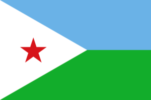 Bandera de Yibuti: Dos franjas horizontales de azul y verde, un triángulo blanco en el lado izquierdo y una estrella roja en el triángulo.