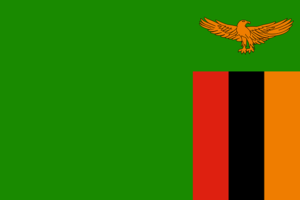 Bandera de Zambia: Verde con una franja vertical en la parte inferior derecha con franjas roja, negra y naranja y un águila volando.