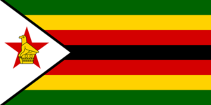 Bandera de Zimbabue: Siete franjas horizontales de verde, amarillo, rojo y negro con un triángulo blanco y una estrella roja con un pájaro de Zimbabwe.