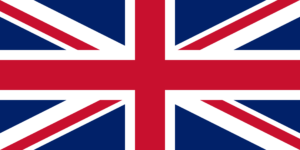 Bandera del Reino Unido (Union Jack): Azul con la cruz roja de San Jorge, la cruz diagonal blanca de San Andrés y la cruz diagonal roja de San Patricio superpuestas.