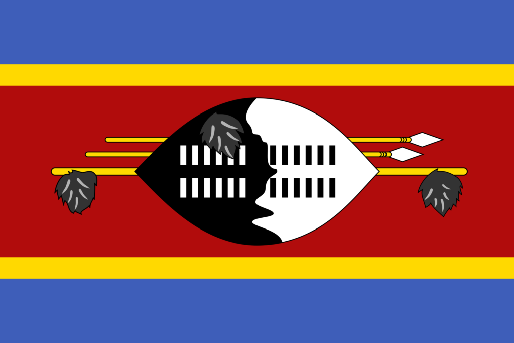 Bandera de Suazilandia (Eswatini): Bandas horizontales azules y amarillas, con un campo central rojo que contiene un escudo Nguni negro y dos lanzas.