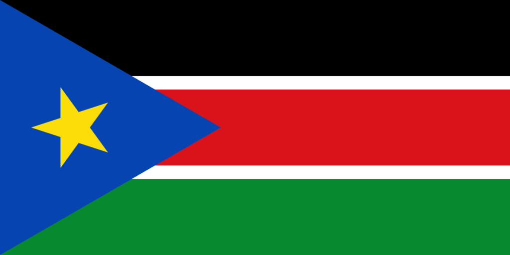 Bandera de Sudán del Sur: Franjas horizontales de negro, rojo y verde, con una franja azul y una estrella amarilla.